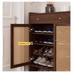 Freestanding Rubber Wood Rattan Shoe Cabinet With Drawers