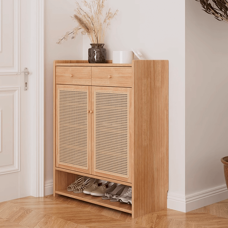Freestanding Rubber Wood Rattan Shoe Cabinet With Drawers