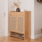 Freestanding Rubber Wood Rattan Shoe Cabinet With Drawers