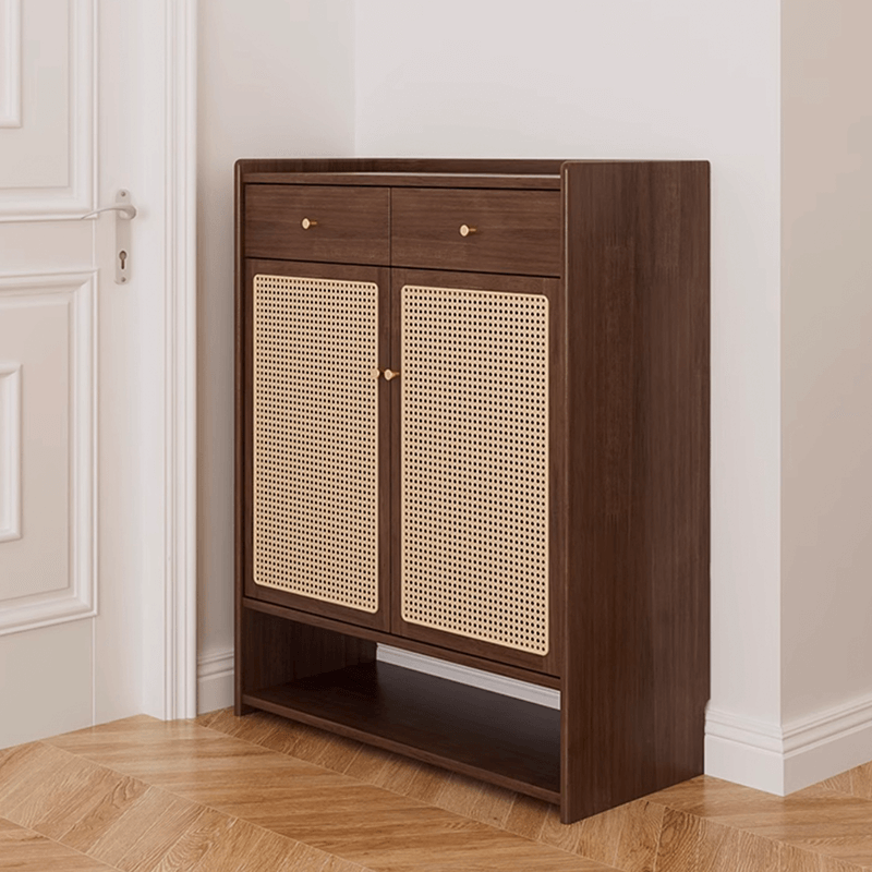 Freestanding Rubber Wood Rattan Shoe Cabinet With Drawers Secondary image