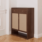 Freestanding Rubber Wood Rattan Shoe Cabinet With Drawers