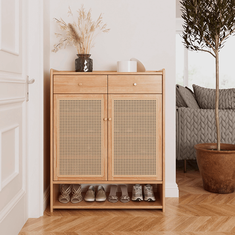 Freestanding Rubber Wood Rattan Shoe Cabinet With Drawers