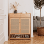 Freestanding Rubber Wood Rattan Shoe Cabinet With Drawers