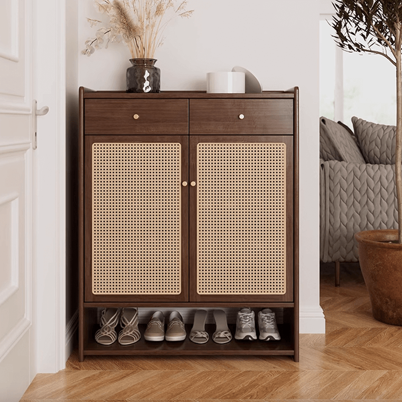 Freestanding Rubber Wood Rattan Shoe Cabinet With Drawers Main Product Image Main image