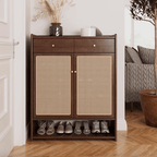 Freestanding Rubber Wood Rattan Shoe Cabinet With Drawers Main Product Image