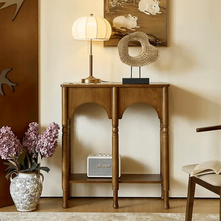 French Arch Solid Wood Console Table with Tiered Display Shelf