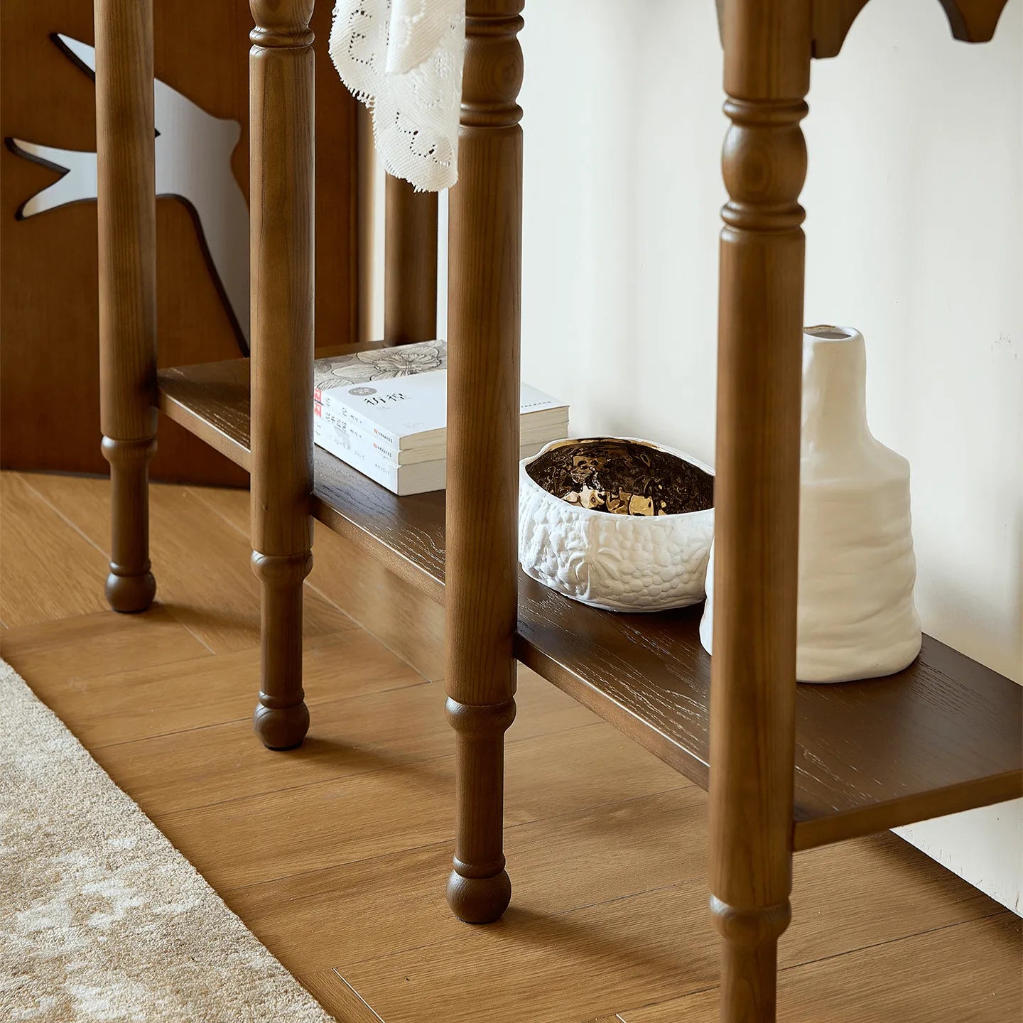 French Arch Solid Wood Console Table with Tiered Display Shelf