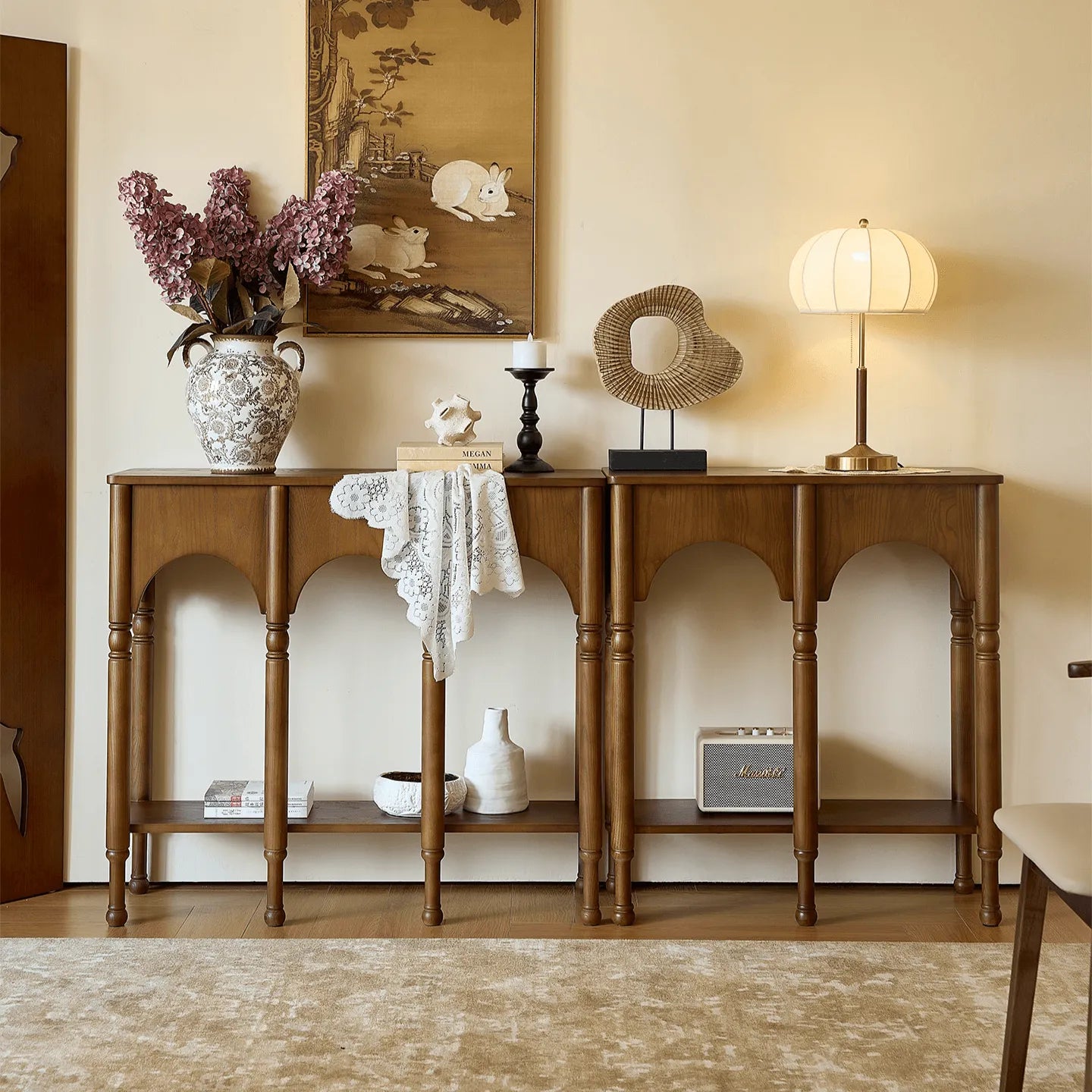 French Arch Solid Wood Console Table with Tiered Display Shelf Main Product Image