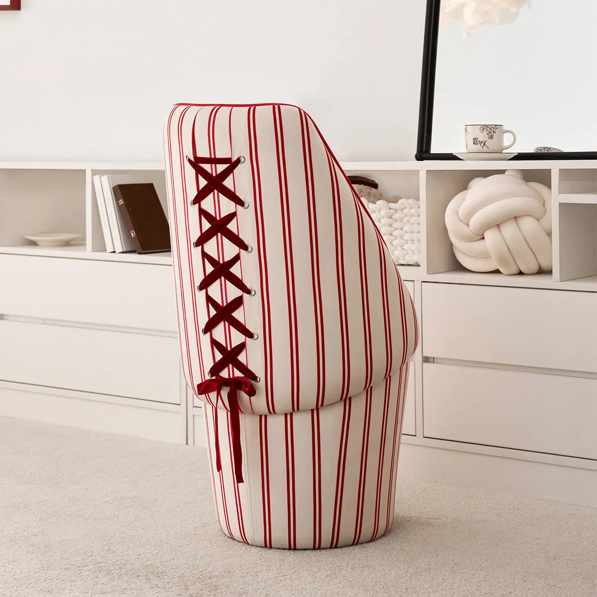 French Ballet Striped Velvet Vanity Stool with Ribbon Back Accent