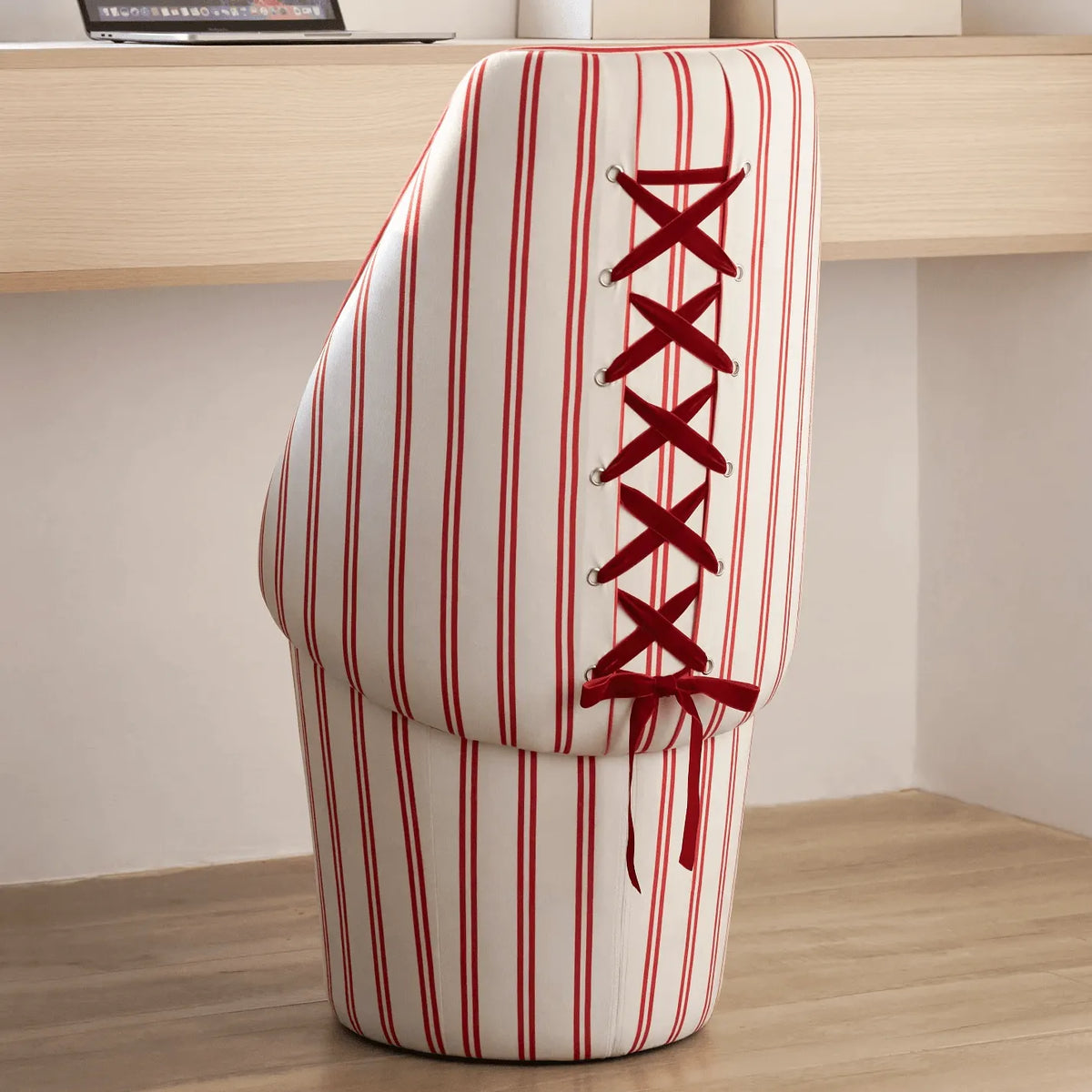 French Ballet Striped Velvet Vanity Stool with Ribbon Back Accent