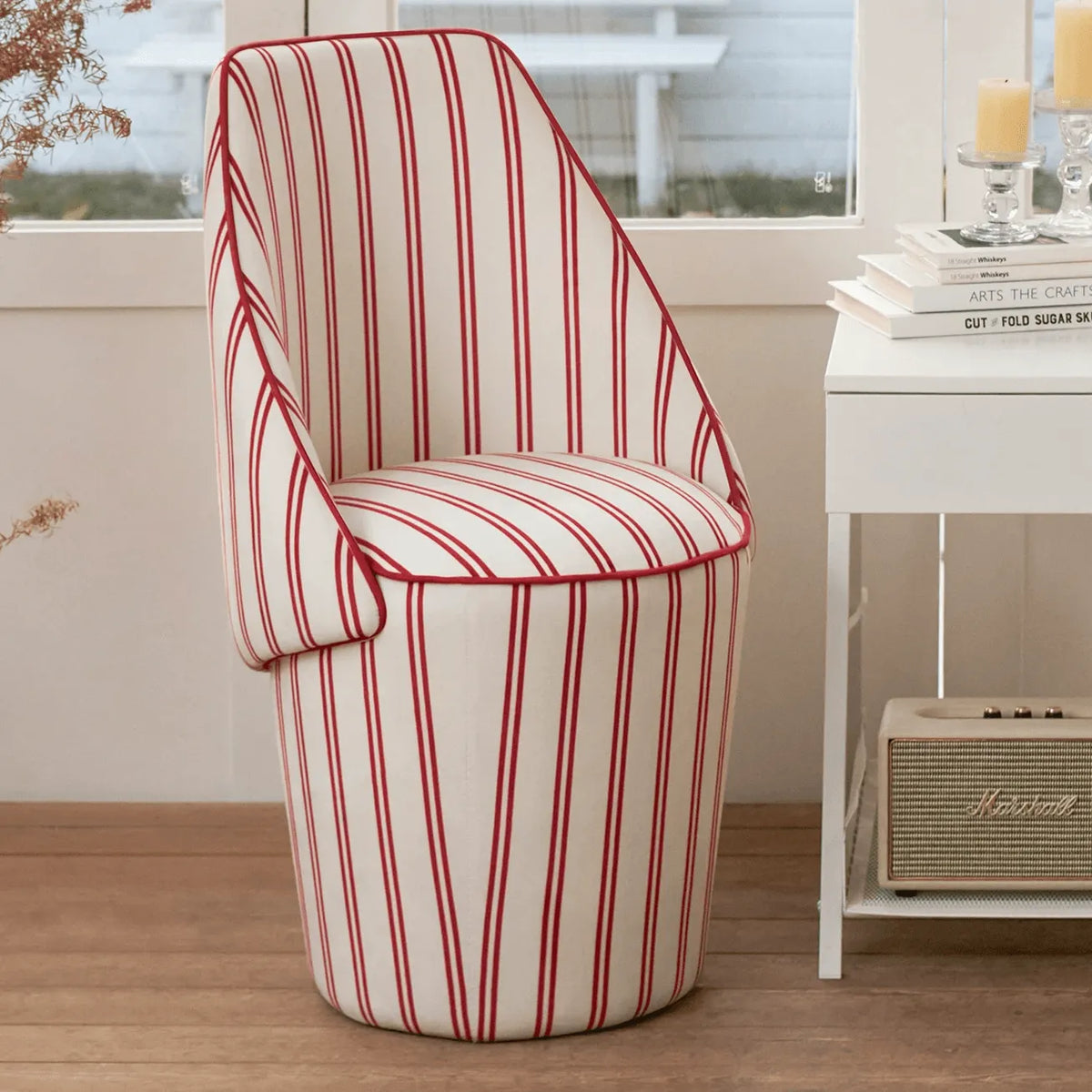 French Ballet Striped Velvet Vanity Stool with Ribbon Back Accent