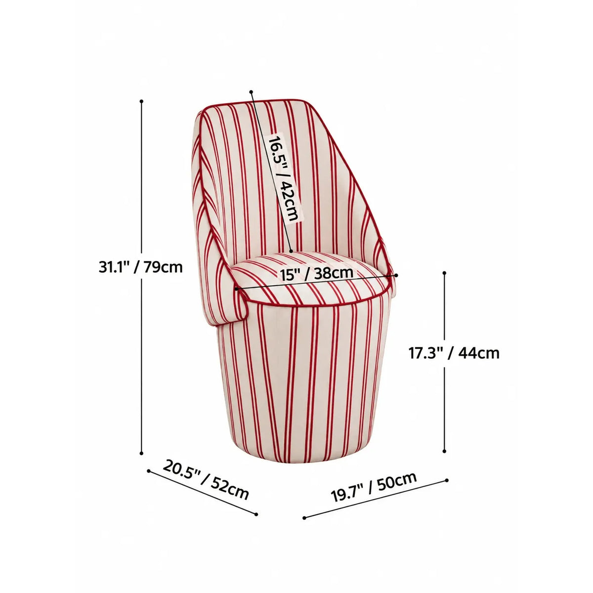 French Ballet Striped Velvet Vanity Stool with Ribbon Back Accent Dimensions