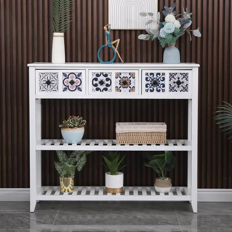 French Country Distressed Wood Console Table with Ceramic Mosaic Drawers Secondary image