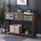 French Country Distressed Wood Console Table with Ceramic Mosaic Drawers