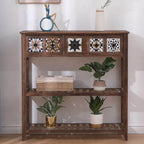 French Country Distressed Wood Console Table with Ceramic Mosaic Drawers