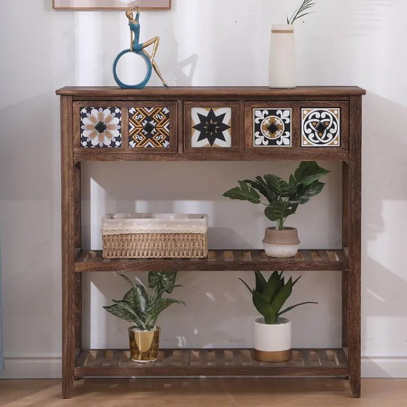French Country Distressed Wood Console Table with Ceramic Mosaic Drawers