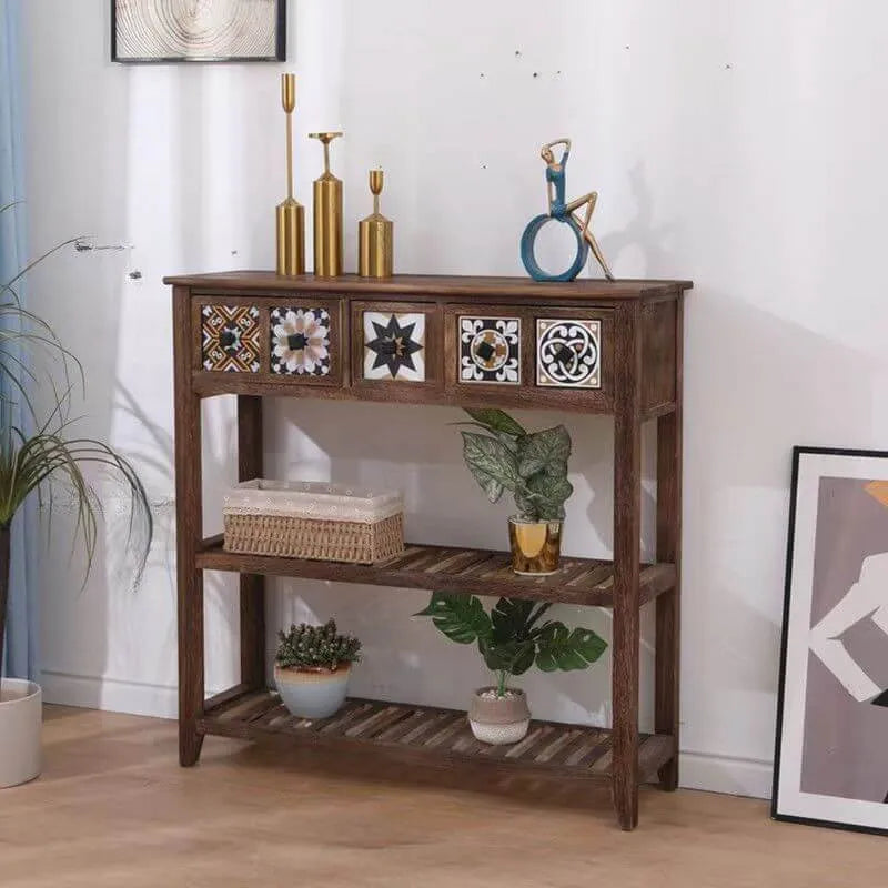 French Country Distressed Wood Console Table with Ceramic Mosaic Drawers