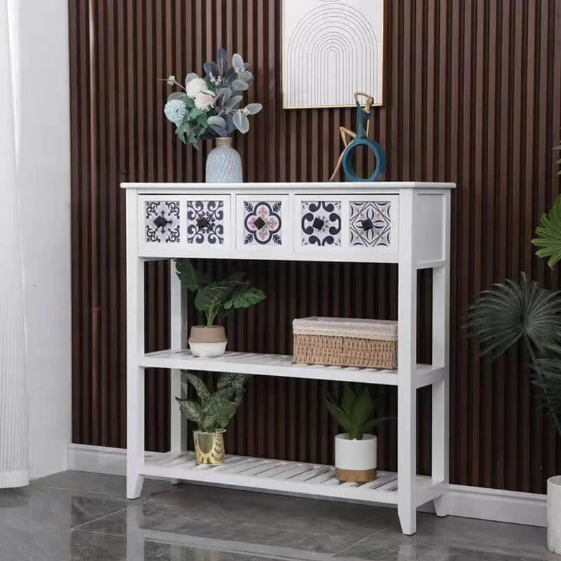 French Country Distressed Wood Console Table with Ceramic Mosaic Drawers