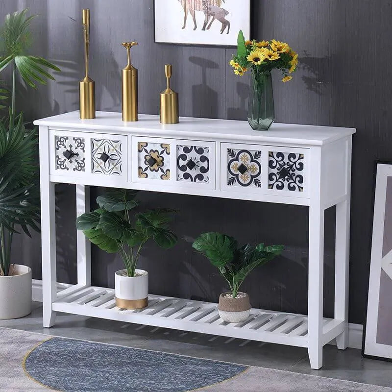 French Country Distressed Wood Console Table with Ceramic Mosaic Drawers