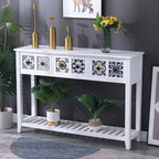 French Country Distressed Wood Console Table with Ceramic Mosaic Drawers