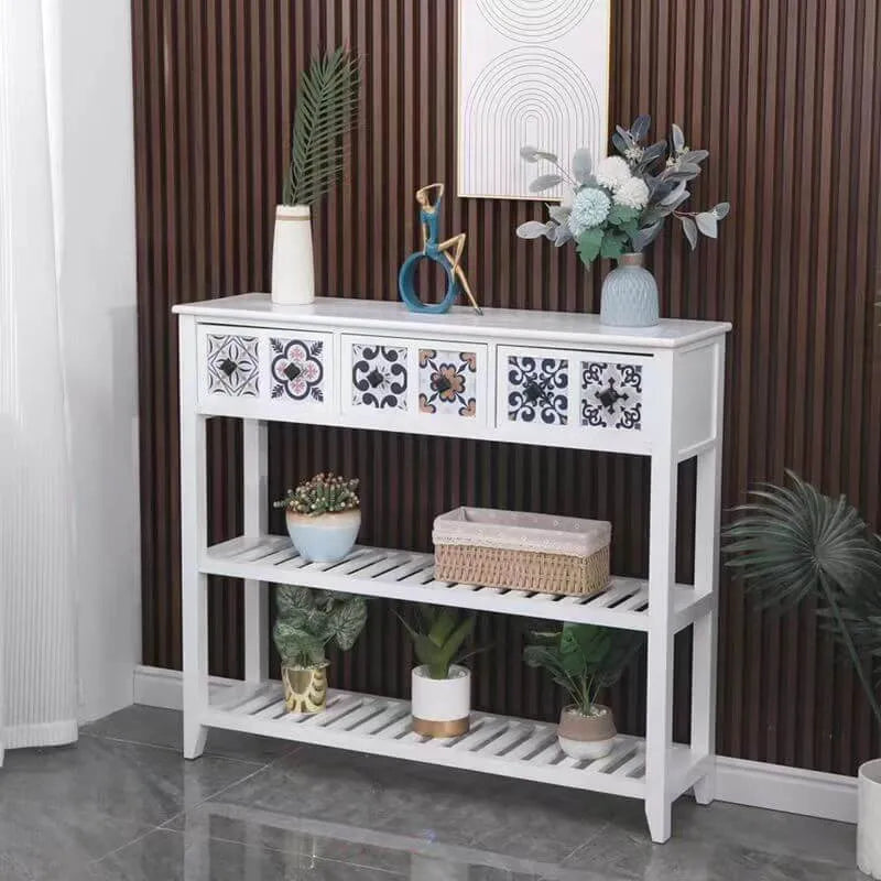 French Country Distressed Wood Console Table with Ceramic Mosaic Drawers