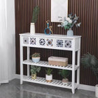 French Country Distressed Wood Console Table with Ceramic Mosaic Drawers