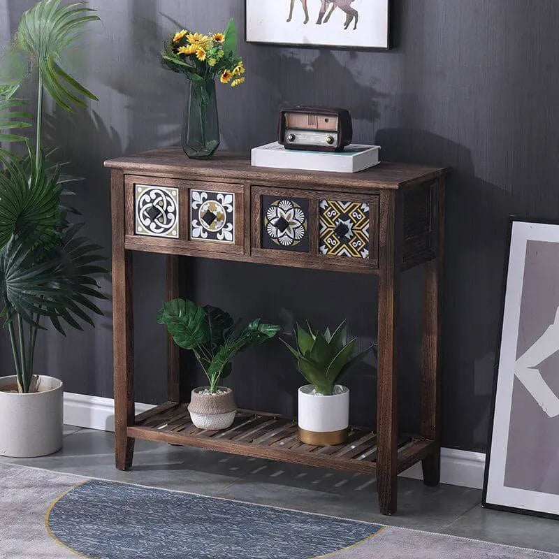 French Country Distressed Wood Console Table with Ceramic Mosaic Drawers