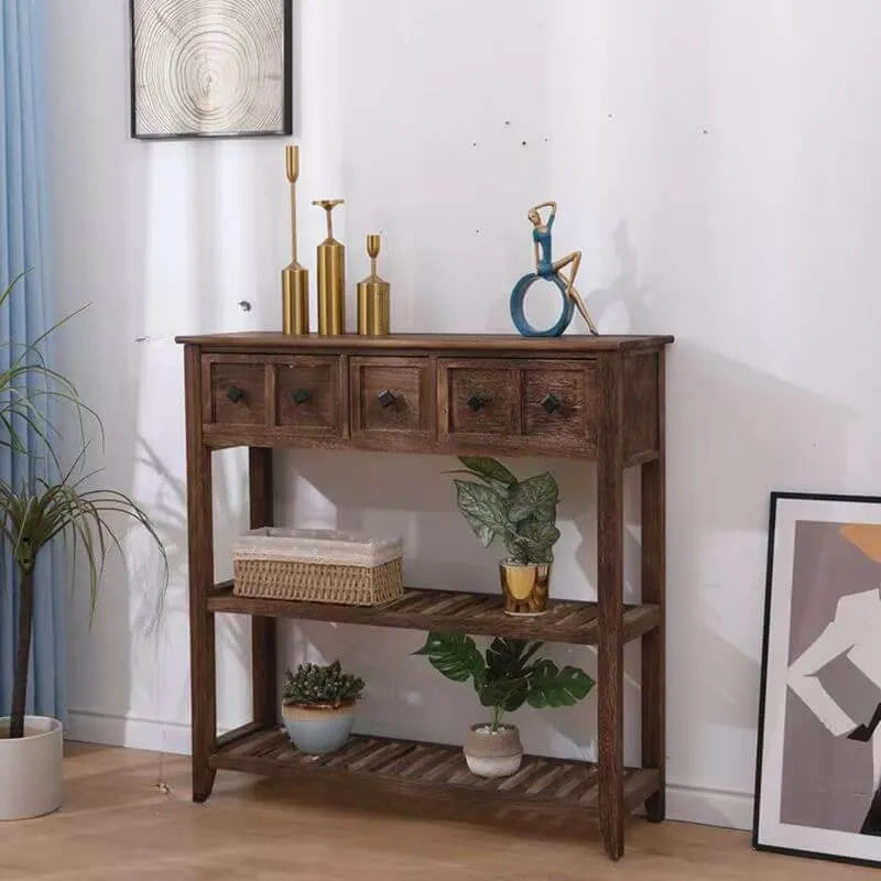 French Country Distressed Wood Console Table with Ceramic Mosaic Drawers