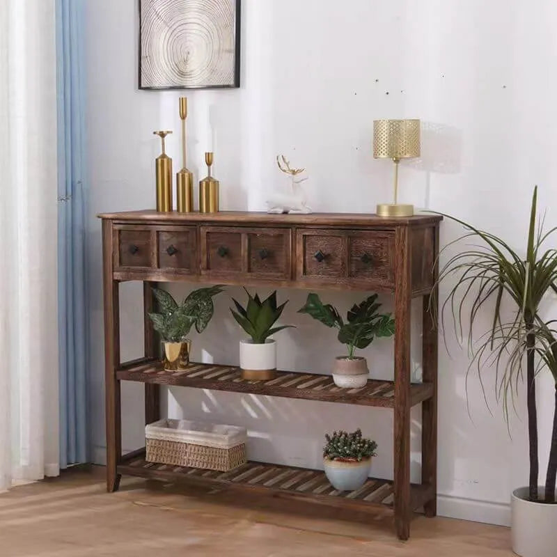 French Country Distressed Wood Console Table with Ceramic Mosaic Drawers