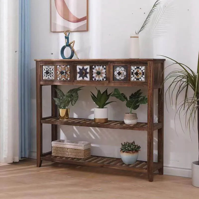 French Country Distressed Wood Console Table with Ceramic Mosaic Drawers
