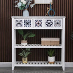 French Country Distressed Wood Console Table with Ceramic Mosaic Drawers