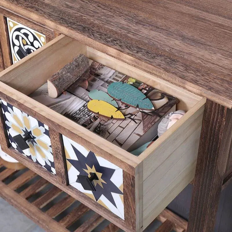 French Country Distressed Wood Console Table with Ceramic Mosaic Drawers