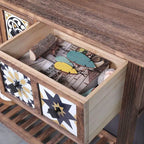 French Country Distressed Wood Console Table with Ceramic Mosaic Drawers