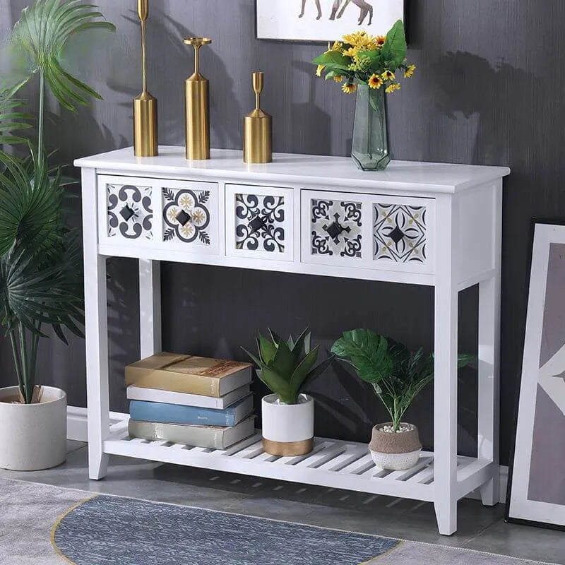 French Country Distressed Wood Console Table with Ceramic Mosaic Drawers