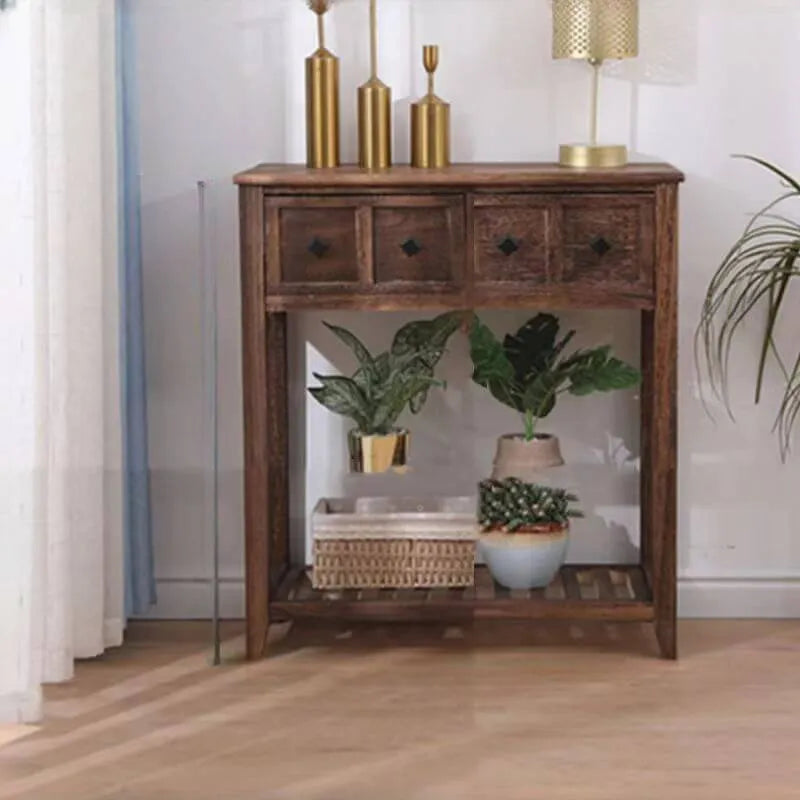 French Country Distressed Wood Console Table with Ceramic Mosaic Drawers