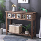 French Country Distressed Wood Console Table with Ceramic Mosaic Drawers