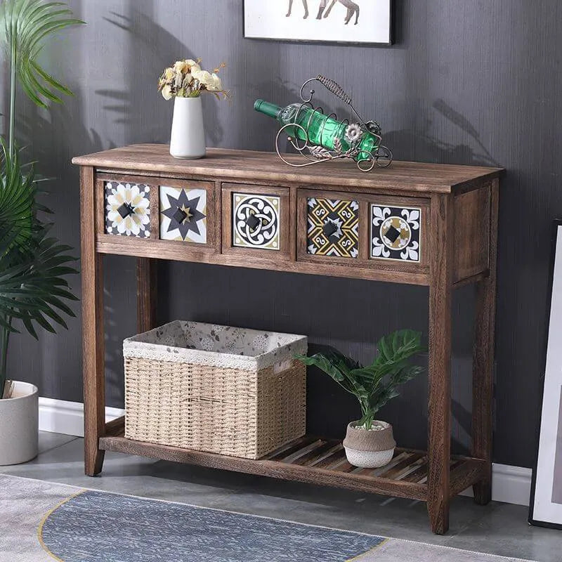 French Country Distressed Wood Console Table with Ceramic Mosaic Drawers