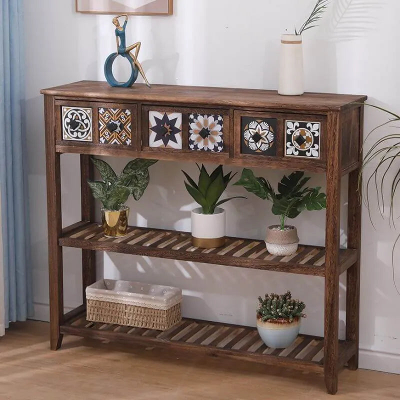 French Country Distressed Wood Console Table with Ceramic Mosaic Drawers Main Product Image Main image