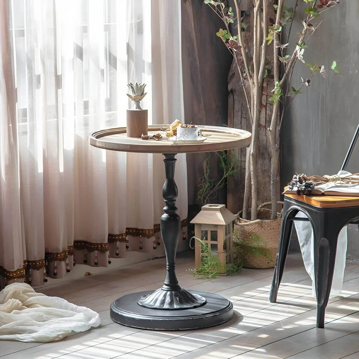French Country Round Wood & Iron Side Table with Tray Top