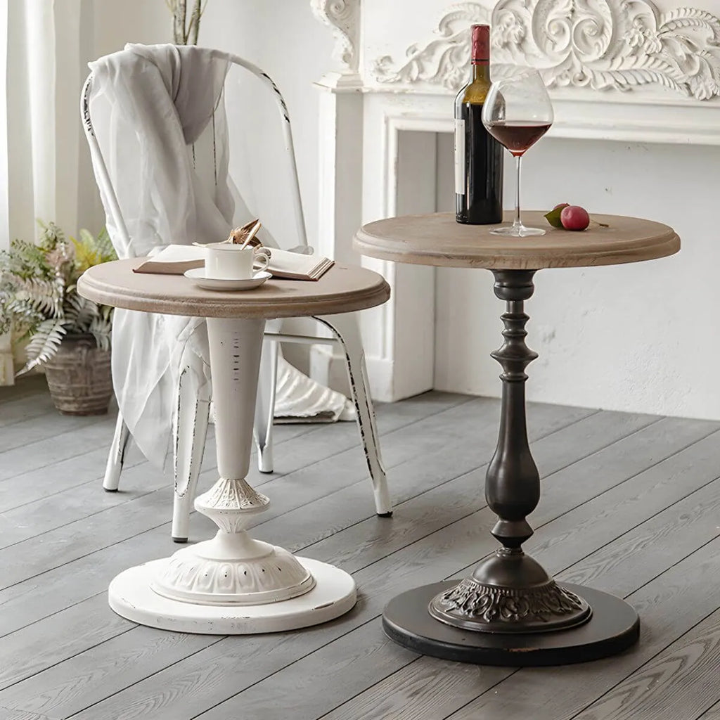French Country Round Wood & Iron Side Table with Tray Top