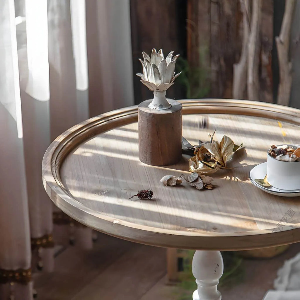 French Country Round Wood & Iron Side Table with Tray Top