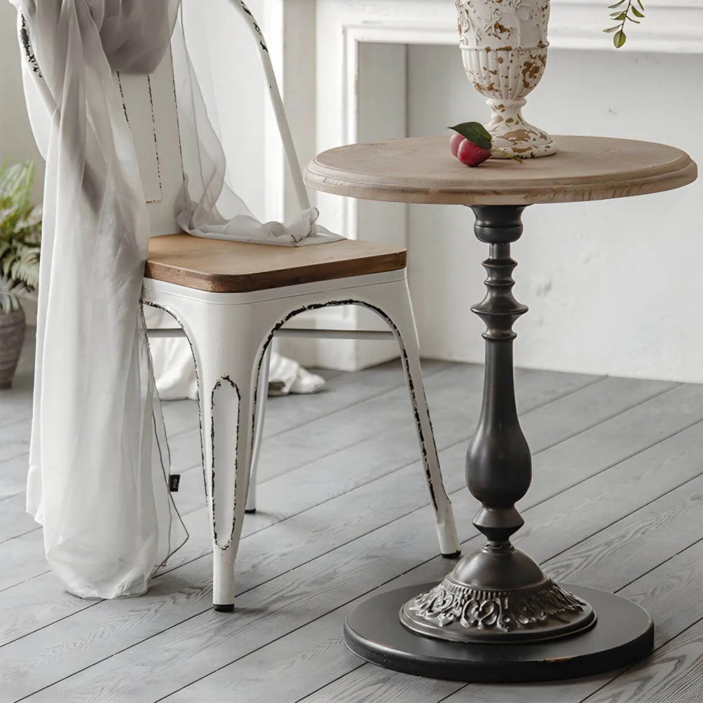 French Country Round Wood & Iron Side Table with Tray Top