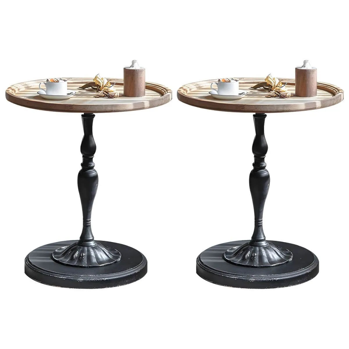 French Country Round Wood & Iron Side Table with Tray Top