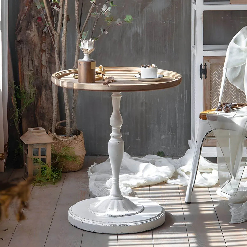 French Country Round Wood & Iron Side Table with Tray Top