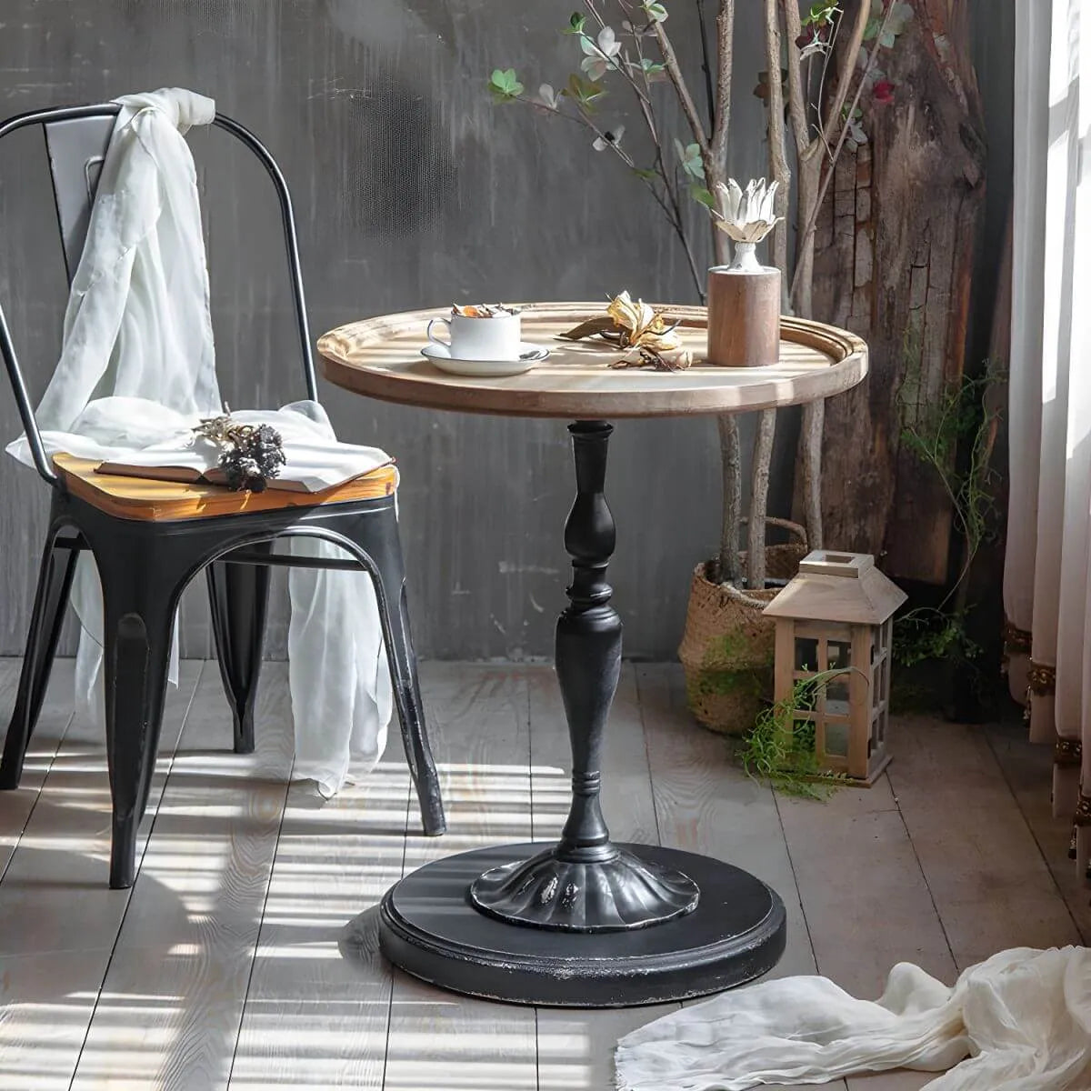 French Country Round Wood & Iron Side Table with Tray Top