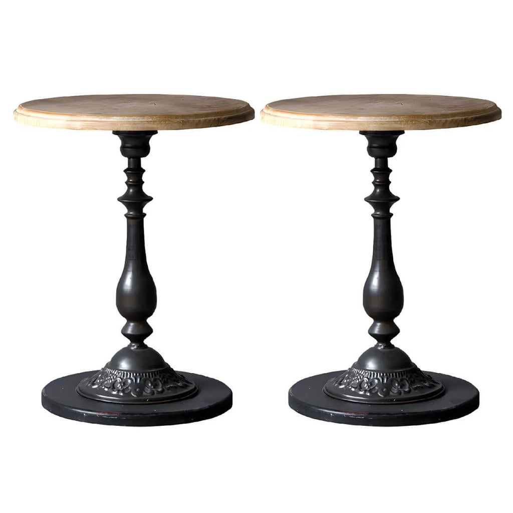 French Country Round Wood & Iron Side Table with Tray Top