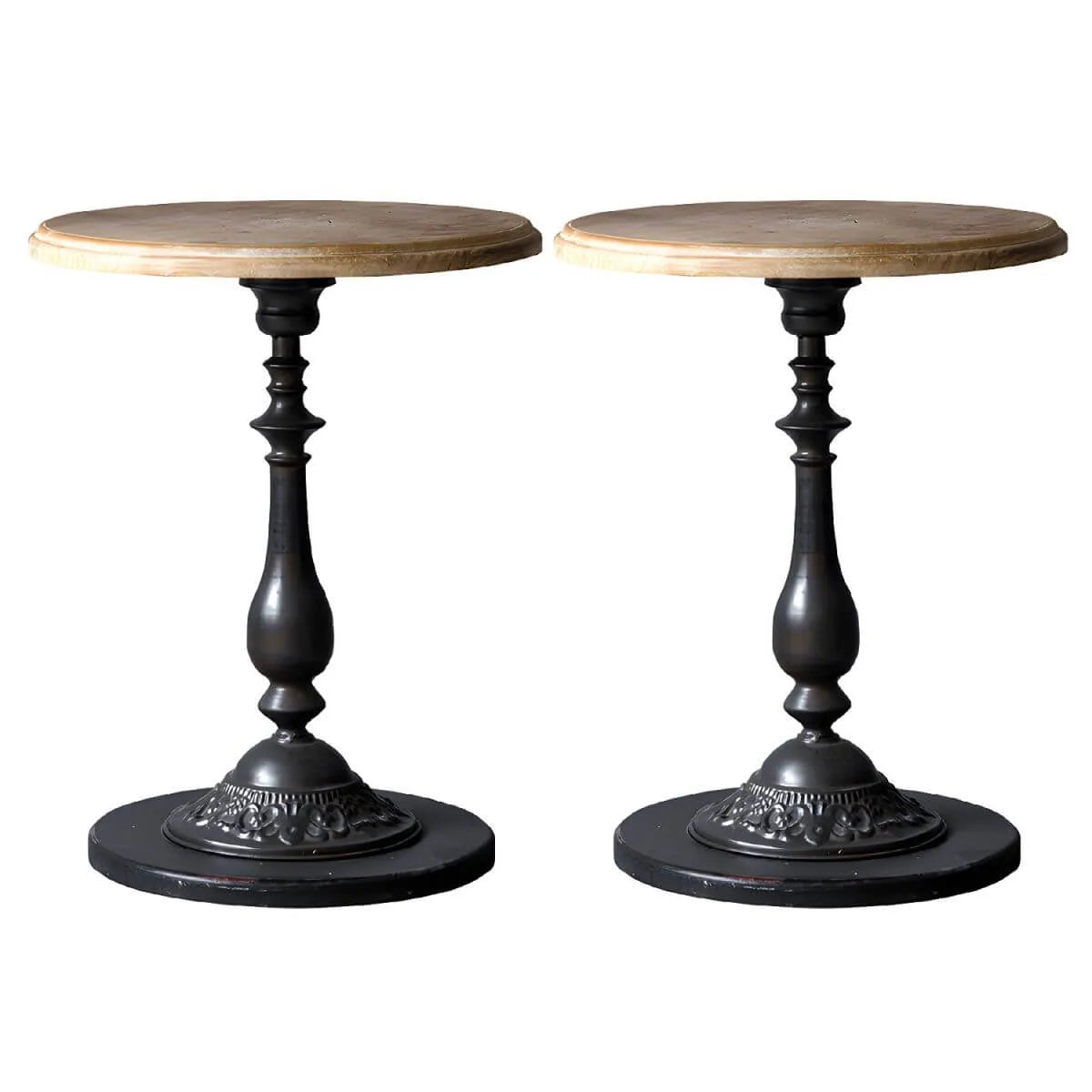 French Country Round Wood & Iron Side Table with Tray Top
