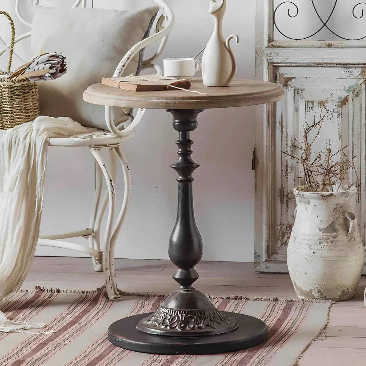 French Country Round Wood & Iron Side Table with Tray Top Main Product Image Main image