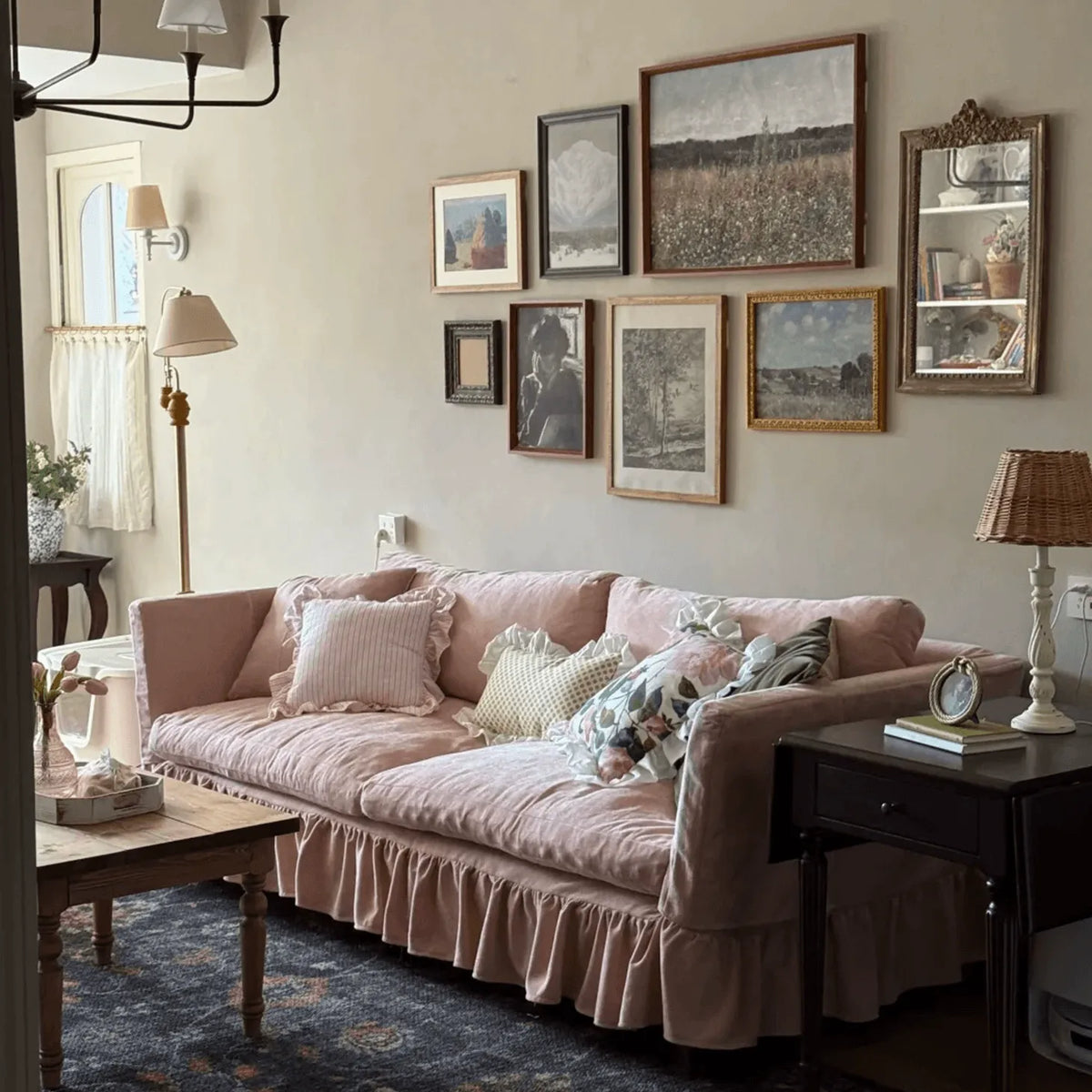 French Country Ruffle Skirt Sofa with Removable Cover and Soft Support