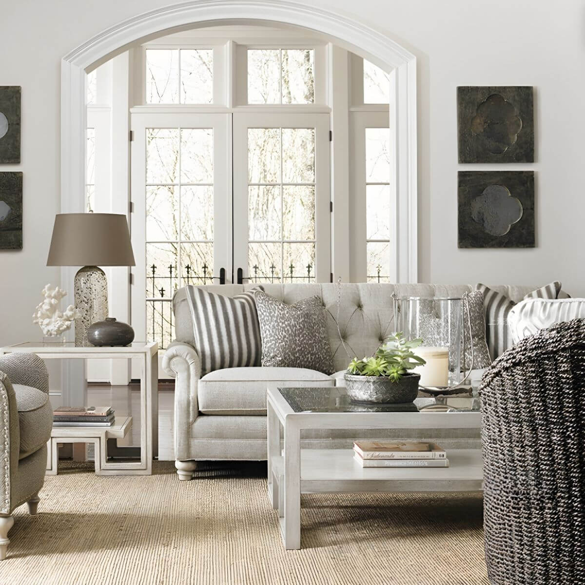 French Country Tufted Gray Linen-Cotton Sofa with Nailhead Trim Secondary image